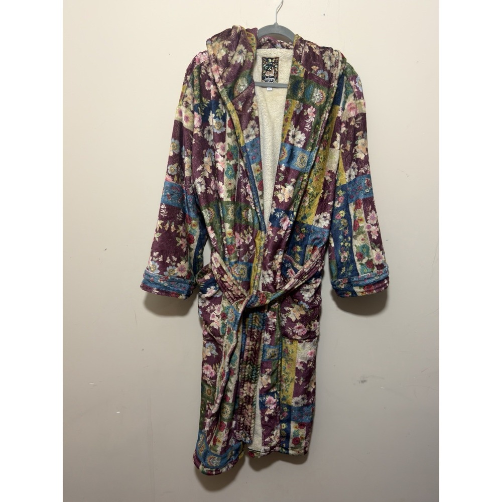 Johnny Was L/XL Laurie Cozy Soft Sherpa Hooded Long Robe Patchwork Design Floral